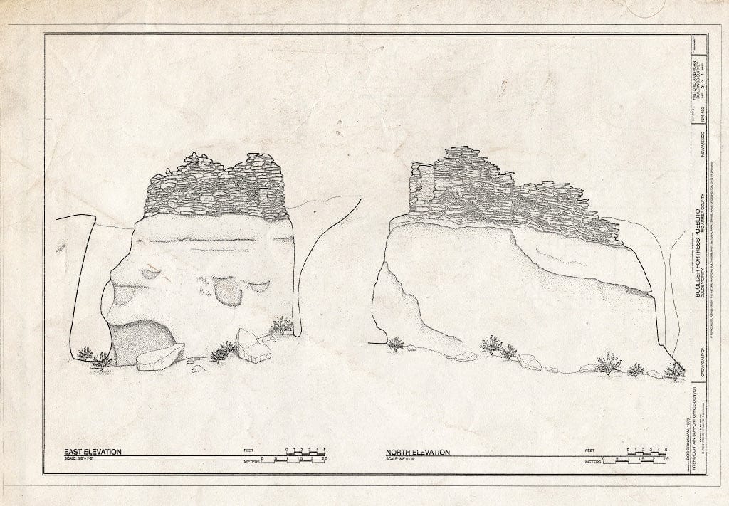 Blueprint East and North elevations - Boulder Fortress Pueblito, Crow Canyon, Dulce, Rio Arriba County, NM