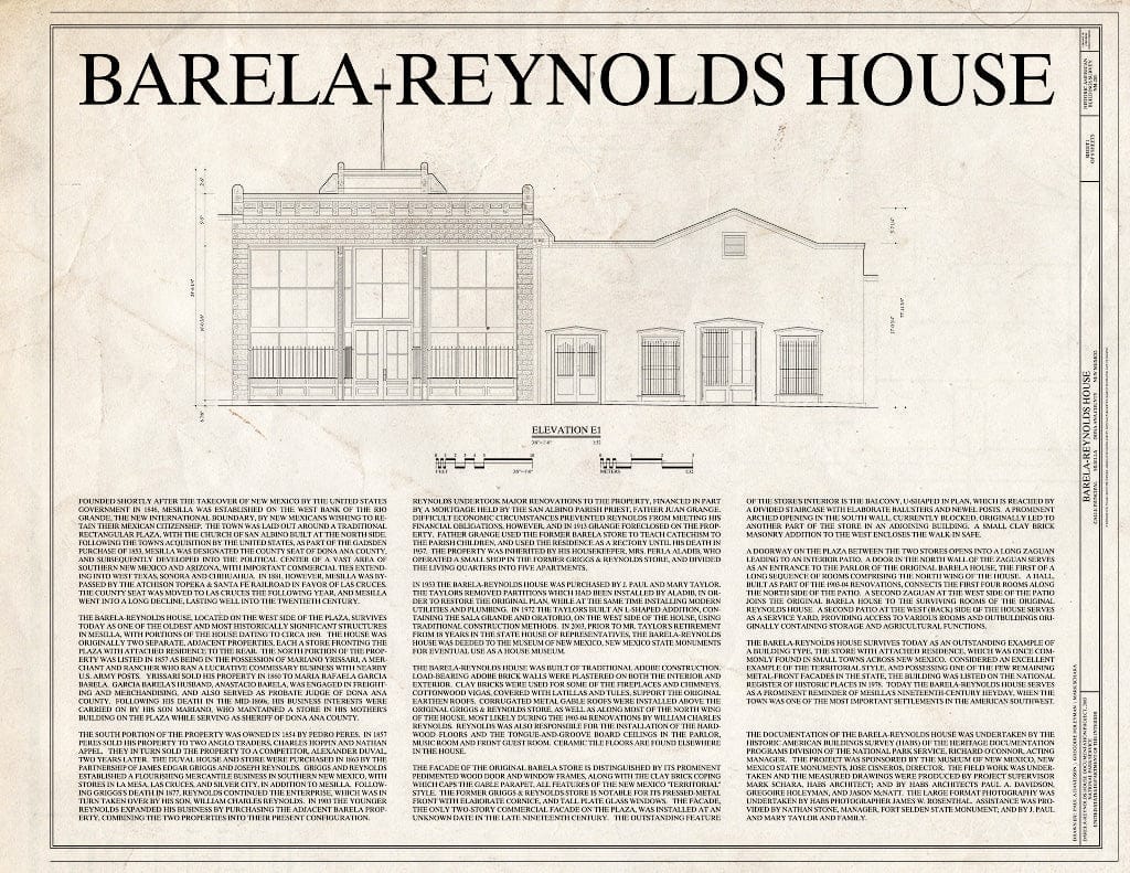 Blueprint Cover Sheet with Elevation and Project Information - Barela-Reynolds House, Calle Principal, Mesilla, Dona Ana County, NM