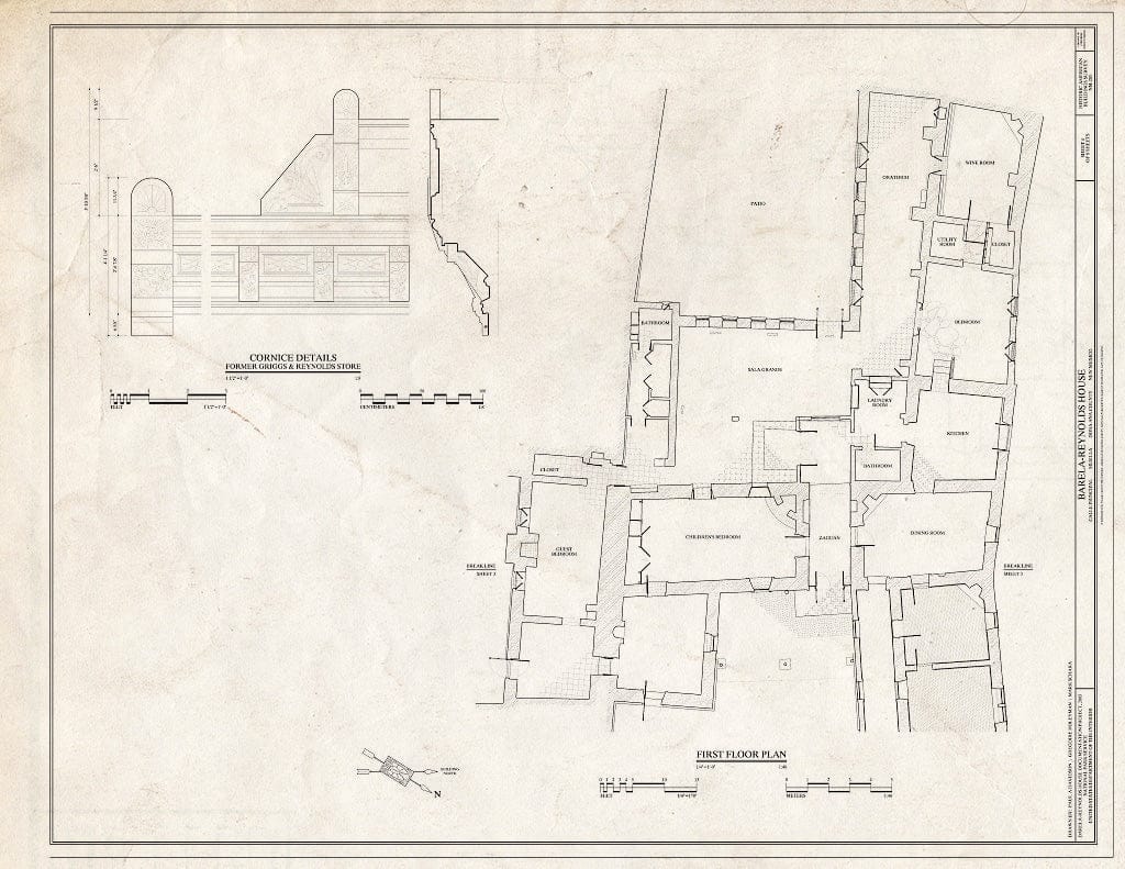 Blueprint First Floor Plan and Cornice Details - Barela-Reynolds House, Calle Principal, Mesilla, Dona Ana County, NM