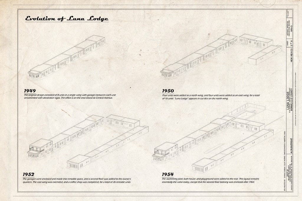 Blueprint Evolution of Luna Lodge - Luna Lodge, 9119 Central Avenue Northeast, Albuquerque, Bernalillo County, NM