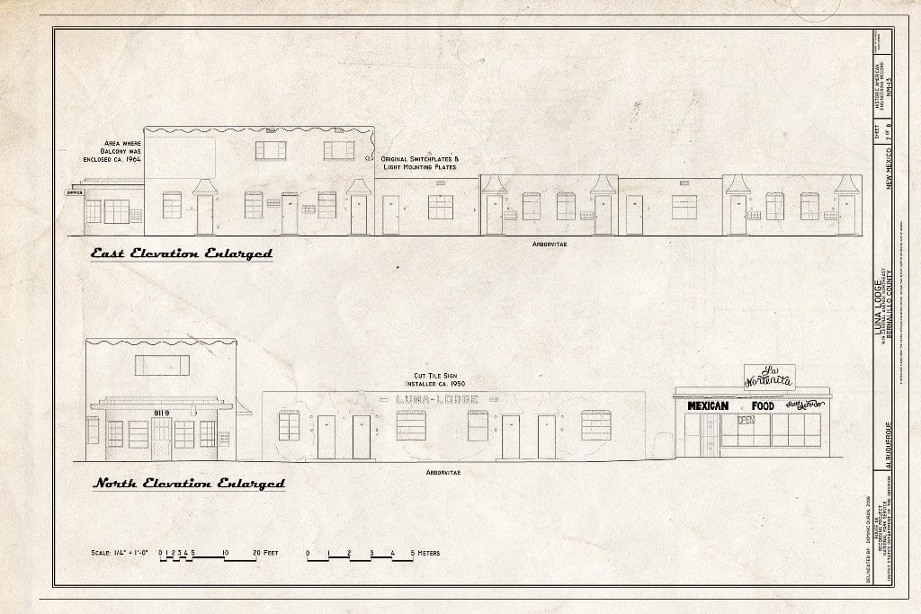 Blueprint Enlarged Elevations - Luna Lodge, 9119 Central Avenue Northeast, Albuquerque, Bernalillo County, NM