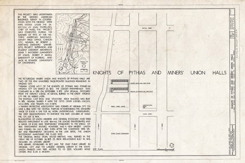 Blueprint 1. Title Sheet - Knights of Pythias Hall, West Side B Street, Between Union & Sutton Streets, Virginia City, Storey County, NV