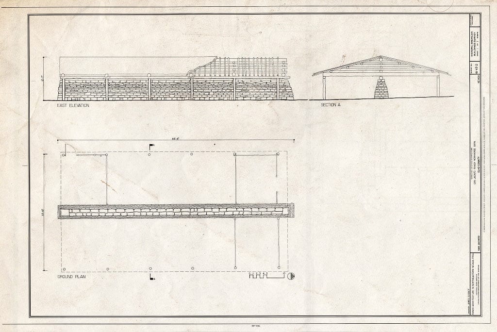 Blueprint East Elevation, Plan, Section - San Jacinto Ranch, Work Horse Barn, San Jacinto, Elko County, NV