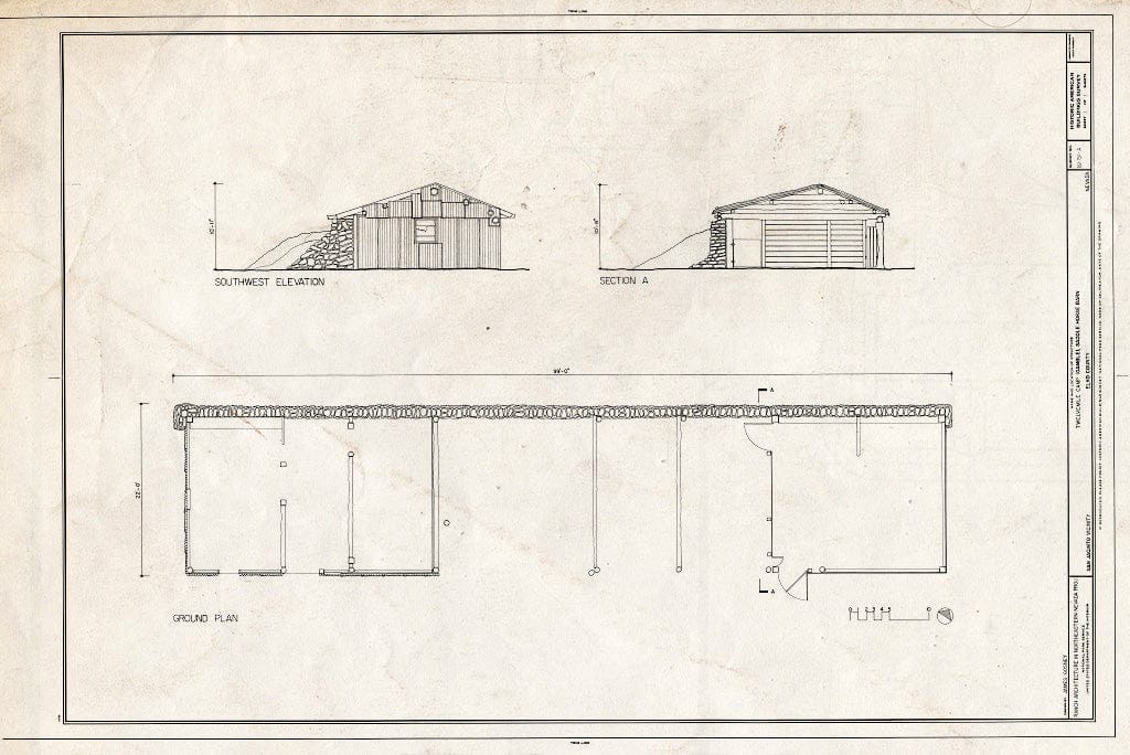 Blueprint Elevation, Section and Ground Plan - Twelve Mile Camp (Gamble), Saddle Horse Barn, Elko, Elko County, NV