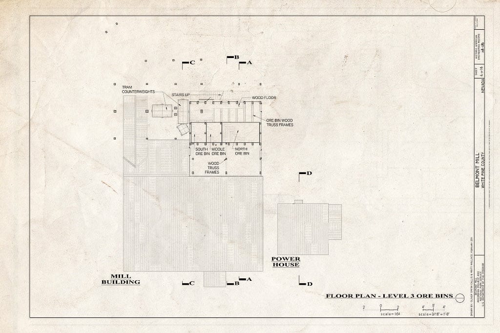 Blueprint Floor Plan - Level 3 Ore Bins - Belmont Mill, Approximately 7 Miles South of U.S. Route 50 on USDA Forest Service Road No. 623, Ely, White Pine County, NV