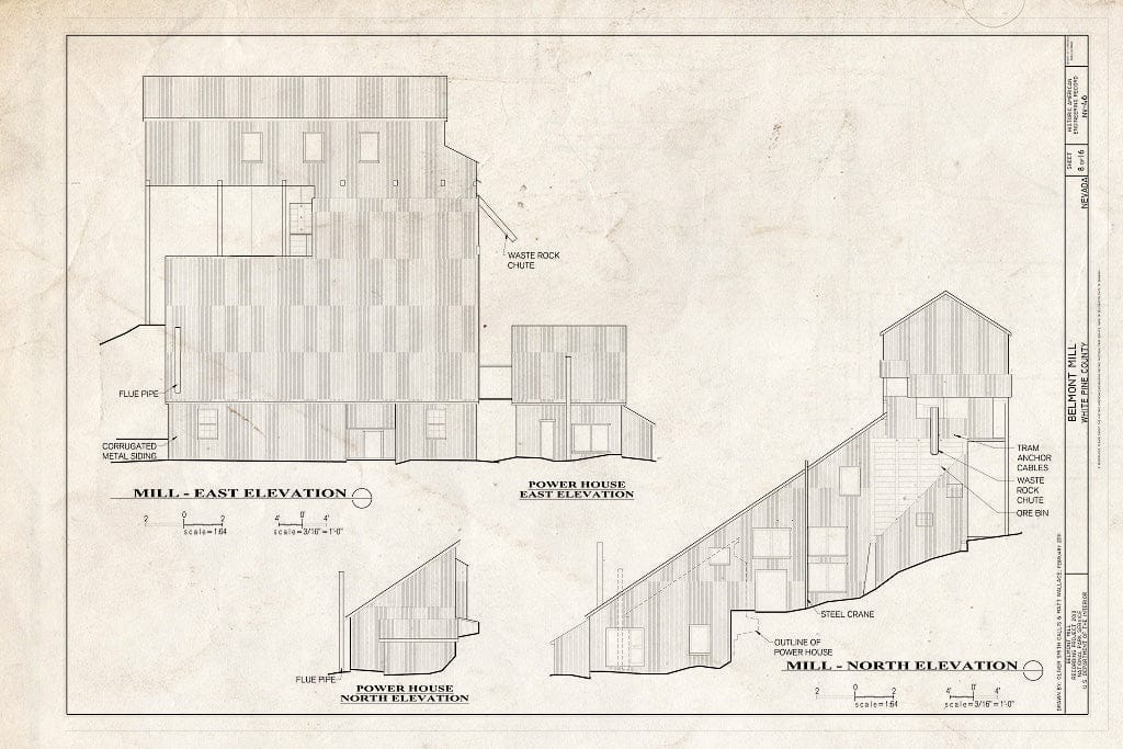 Blueprint Elevations of Mill & Power House - Belmont Mill, Approximately 7 Miles South of U.S. Route 50 on USDA Forest Service Road No. 623, Ely, White Pine County, NV