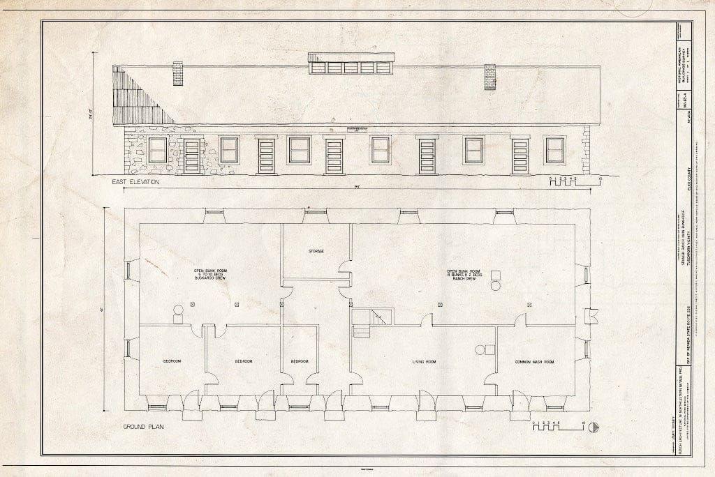 Blueprint East Elevation; Plan - Spanish Ranch, Main Bunkhouse, Off of State Rt. 226, Tuscarora, Elko County, NV