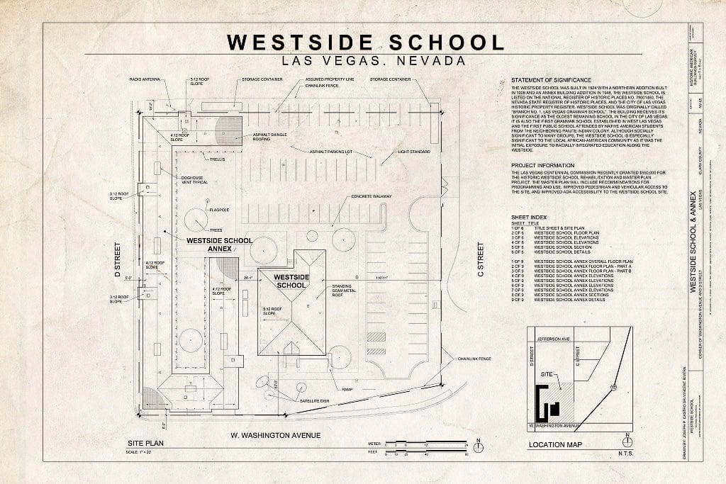 Blueprint Cover Sheet & Site Plan - Westside School, Corner of Washington Avenue and D Street, Las Vegas, Clark County, NV