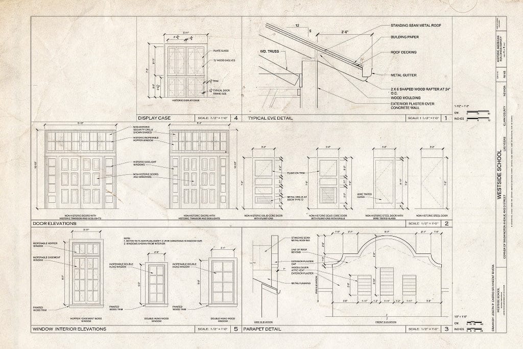 Blueprint Door and Window Details, Parapet Detail, Typical Eave Detail - Westside School, Corner of Washington Avenue and D Street, Las Vegas, Clark County, NV