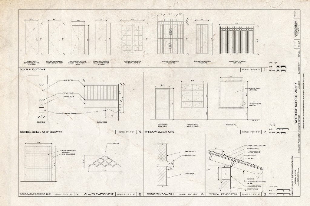 Blueprint Door Elevations, Window Details, Corbel Detail, and Ceramic Tile Detail - Westside School, Annex, Corner of Washington Avenue and D Street, Las Vegas, Clark County, NV