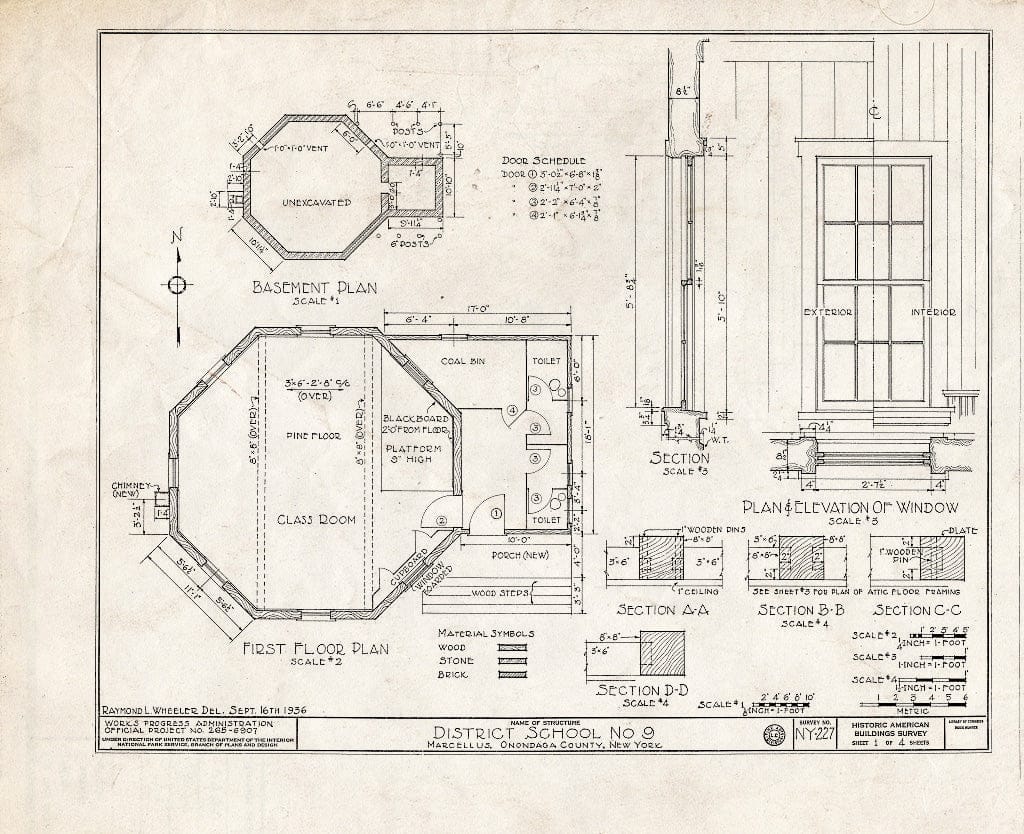 Blueprint 1. Basement and First Floor Plans; Window Details - District School Number 9, Marcellus, Onondaga County, NY