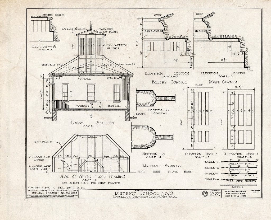 Blueprint 3. Cross Section, attic Floor framing; Cornice Details; Door elevations - District School Number 9, Marcellus, Onondaga County, NY