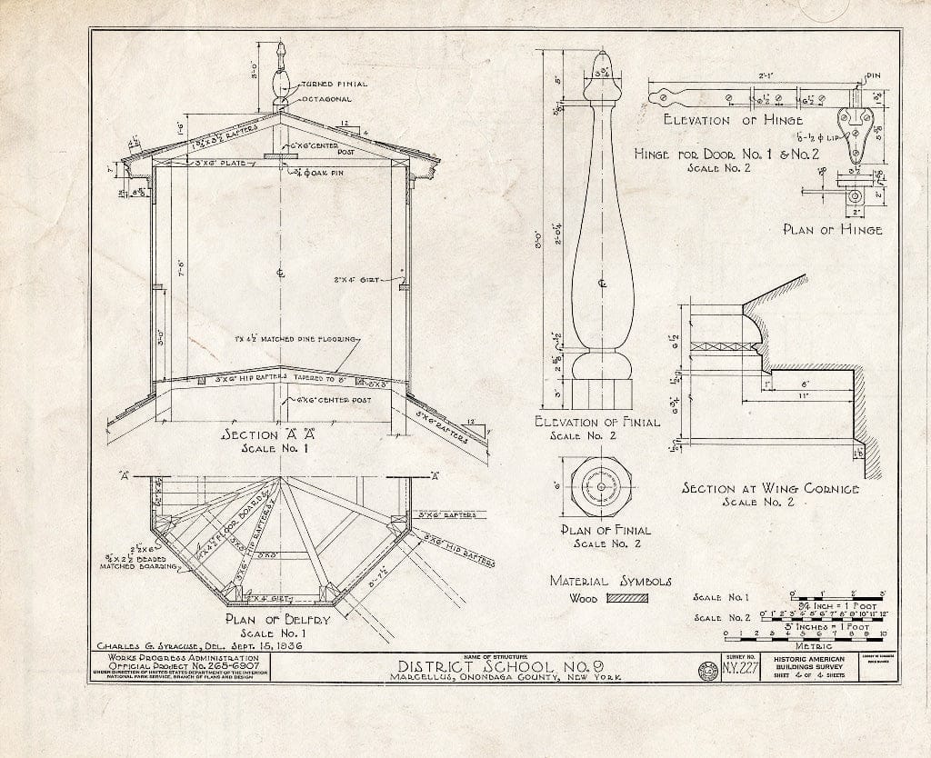 Blueprint 4. Belfry Plan and Section; Finial; Door Hinge; Wing Cornice - District School Number 9, Marcellus, Onondaga County, NY