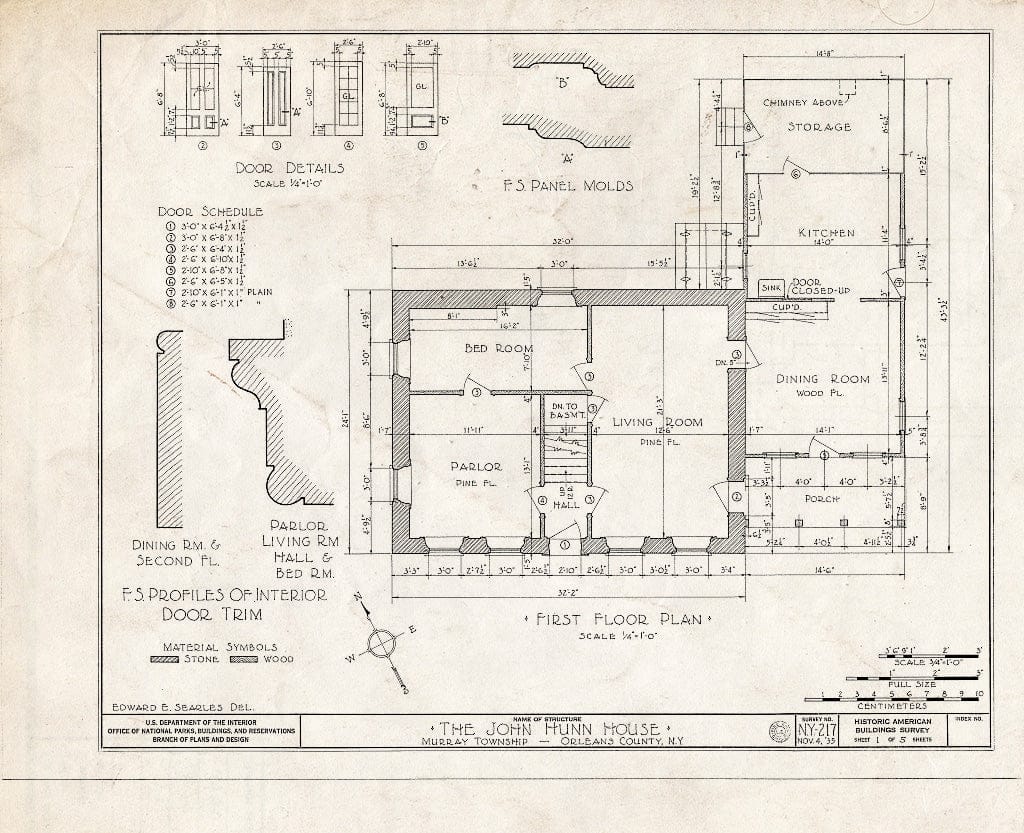 Blueprint 1. First Floor Plan; Door and Trim Details - John Hunn House, Ridge & East Holley Roads, Murray, Orleans County, NY