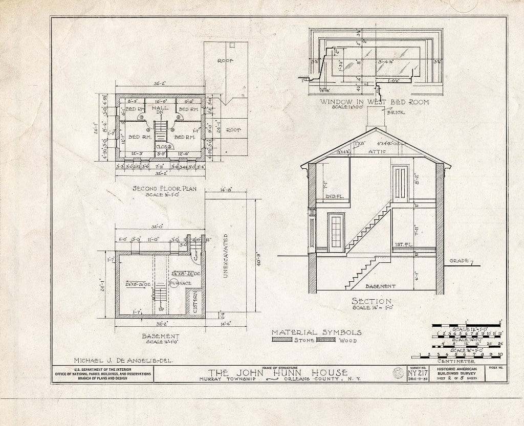 Blueprint 2. Basement and Second Floor Plans; Section; Window Detail - John Hunn House, Ridge & East Holley Roads, Murray, Orleans County, NY