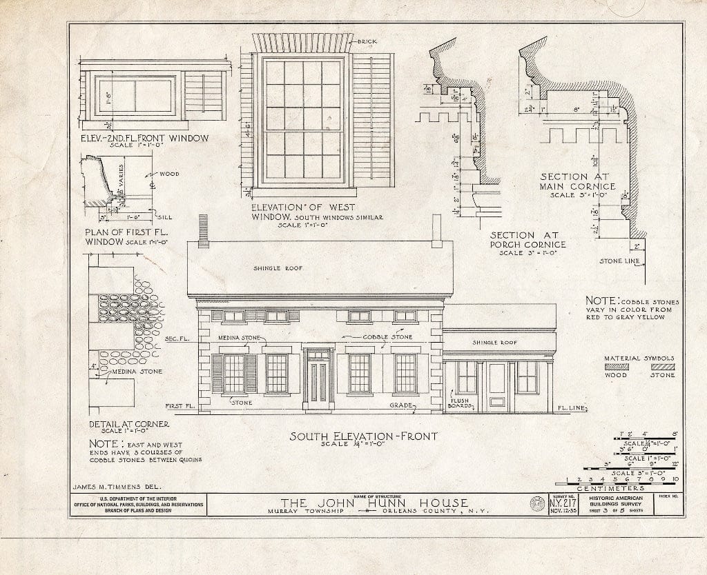 Blueprint 3. South (Front Elevation); Window, Cornice, and Corner (Cobblestone and Quoin) Details - John Hunn House, Ridge & East Holley Roads, Murray, Orleans County, NY