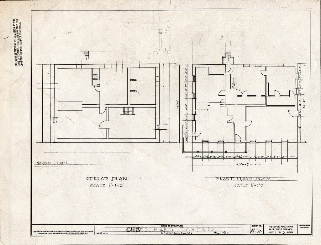 Blueprint Cellar and First Floor Plan - Cheeseman's Tavern, Western Turnpike, Gifford, Schenectady County, NY